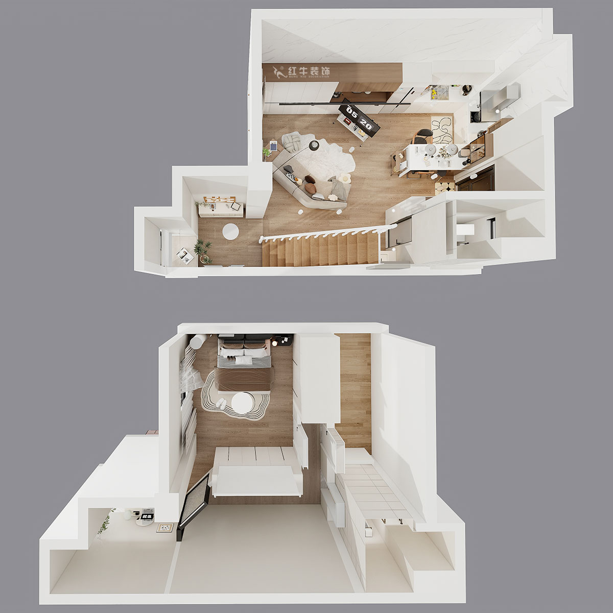朱明琪｜莱茵铂郡922室-69㎡-原木风格｜复式｜loft公寓｜2室2厅2卫｜老房装修｜定制家｜全包12万｜00_05鸟瞰图
